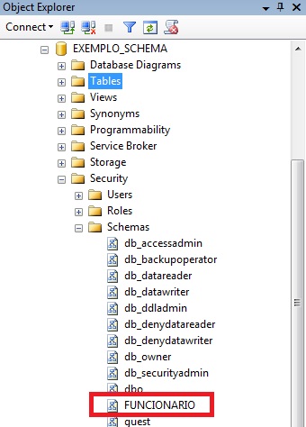Janela do Object Explorer mostrando o Schema FUNCIONARIO criado