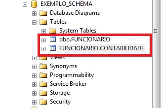 Object Explorer mostrando as duas tabelas criadas uma no Schemadbo