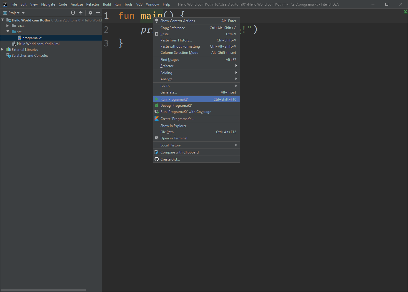 Executando o código com o menu de contexto