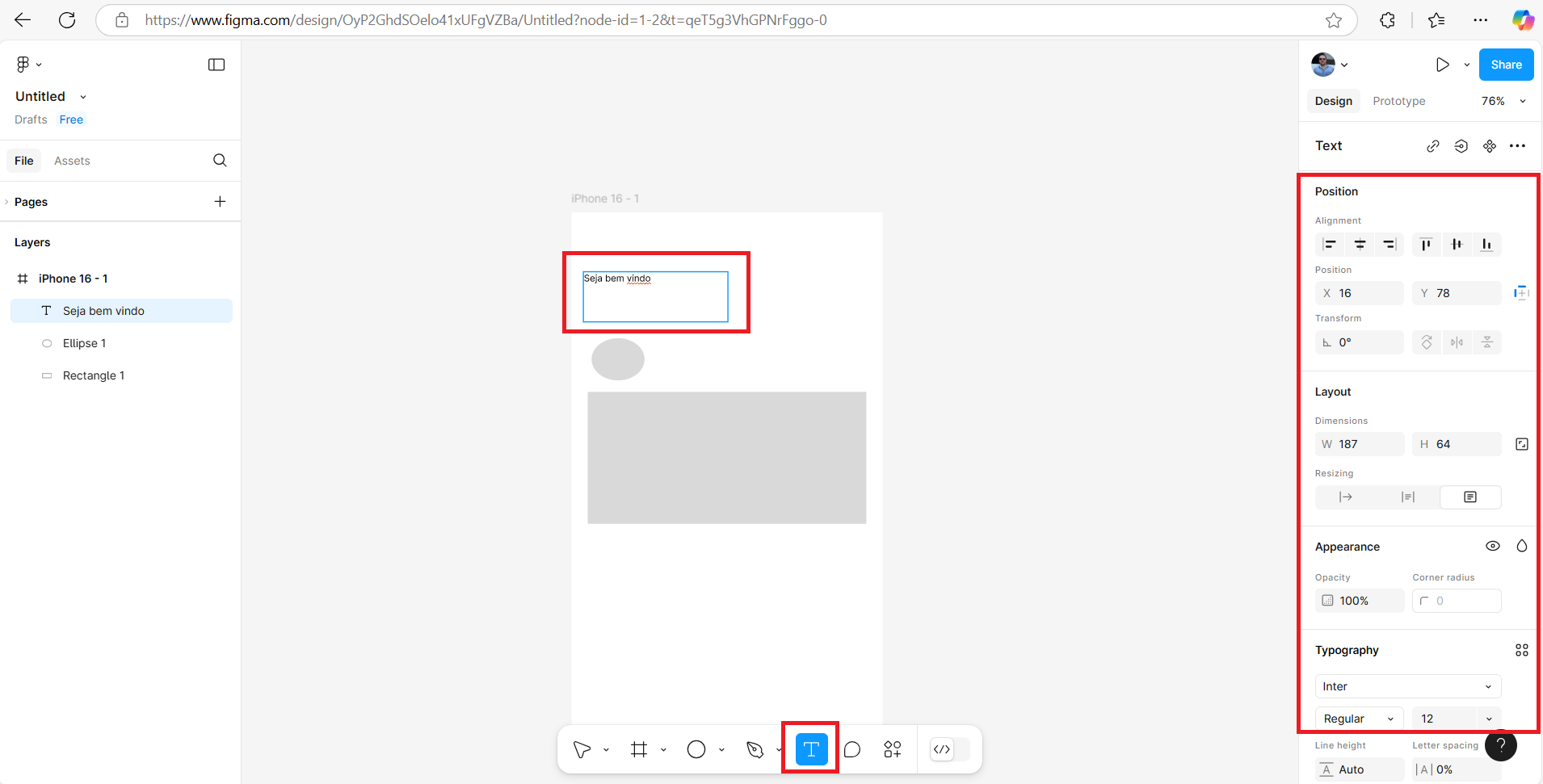 Figma: Adicionando um texto no quadro principal Figma: Adicionando um texto no quadro principal