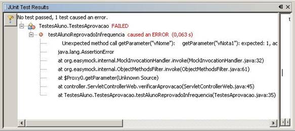 Resultado da execuo de testAlunoReprovadoInfrequencia() com o teste modificado