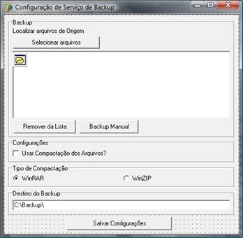 Visual da aplicação de backup