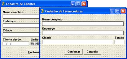 Exemplos de tela de cadastro de clientes e fornecedores