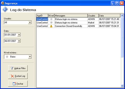 Tela de log do sistema