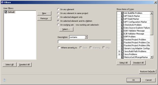 Novas op��es de filtros para a view Problems