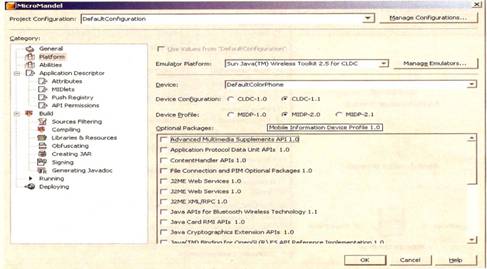 Propriedades do projeto MIDP