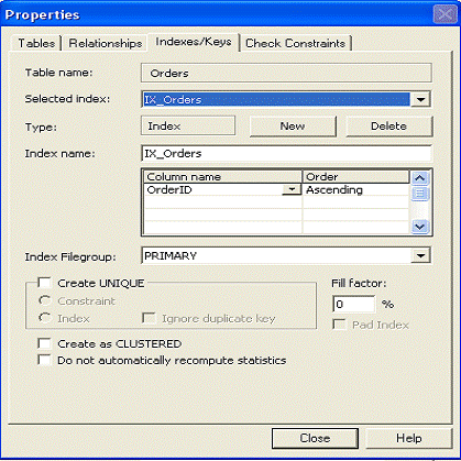 Tela para criao de ndices no Enterprise Manager