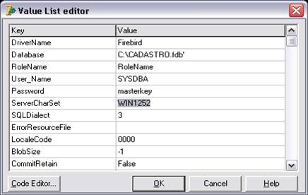 Visualizao do Value List editor, do componente SQLConnection no Delphi