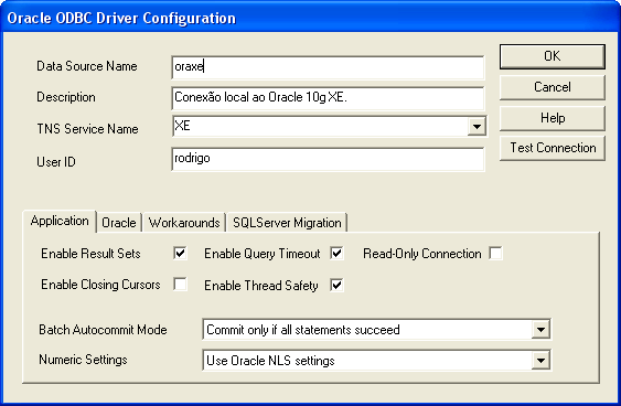 Configura��o de conex�o via driver ODBC para o Oracle.