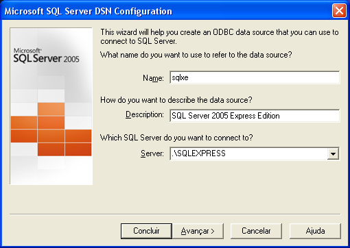Configura��o de conex�o via driver ODBC para o SQL Server.