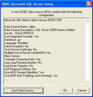 Tela final da configura��o de conex�o no SQL Server.