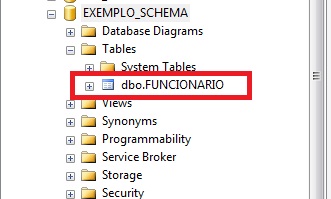 Object Explorer mostrando a tabela criada no Schema dbo