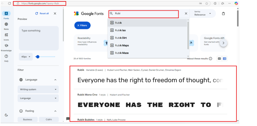Google Fonts  - pesquisa fonte Rubik