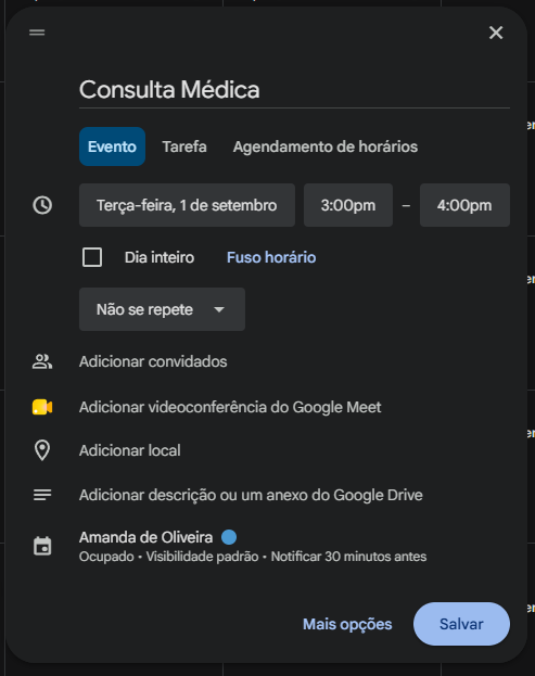 Tela do aplicativo Google Agenda no celular exibindo o formul�rio de cria��o do evento 'Consulta M�dica', com campos de tipo (Evento), data (Ter�a-feira, 1 de setembro), hor�rio (3:00pm - 4:00pm) e bot�o Salvar