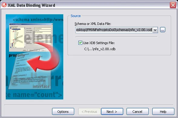 Tela inicial do assistente de XML Data
Binding