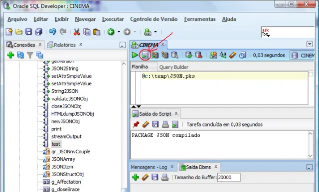 Execução do script de criação do cabeçalho do package no SQL Developer