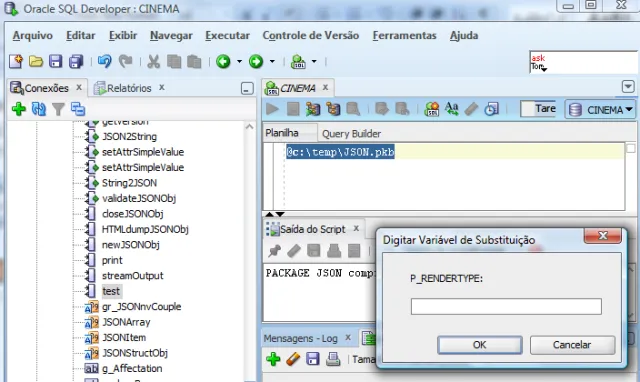 Execução do script de criação do corpo do package no SQL Developer (clique em Cancelar)
