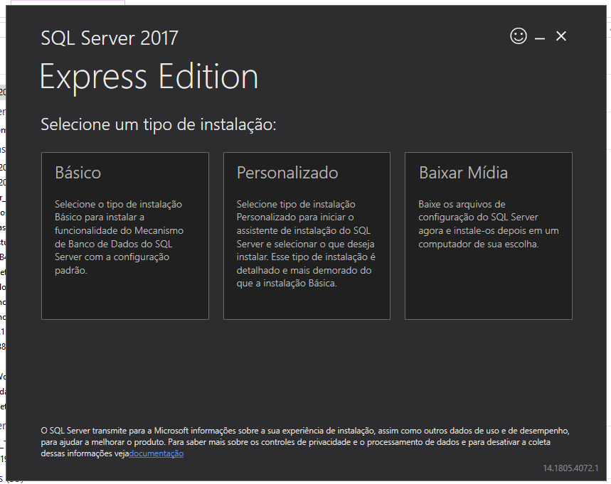 Tela inicial de instalao da edio Express do SQL Server
