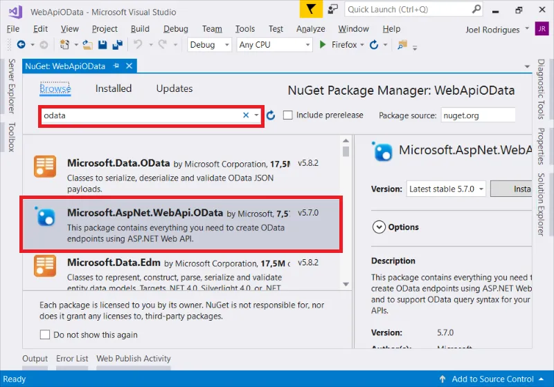 Passo 2: Pesquisar por OData e instalar o pacote Microsoft.AspNet.WebApi.OData
