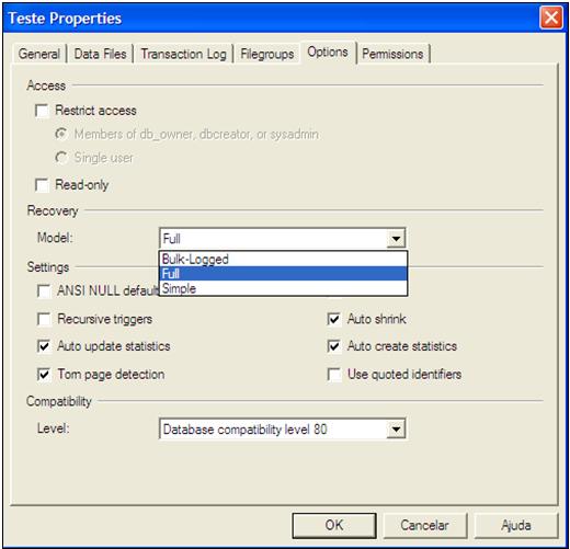 Alterando a opo recovery model para full