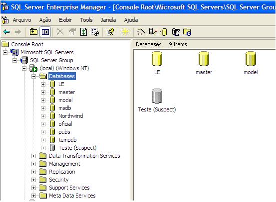 O banco de dados foi marcado como Suspect