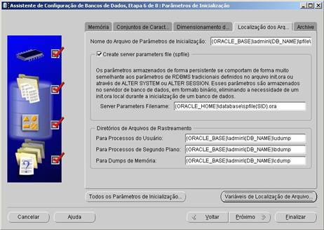 Localização dos arquivos de parâmetro e rastreamento