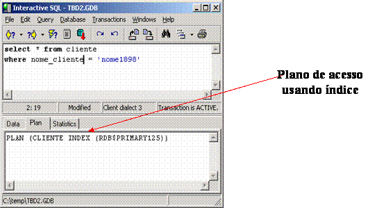 Resultado de uma consulta onde o otimizador do InterBase utilizou o ndice existente sobre o campo de busca