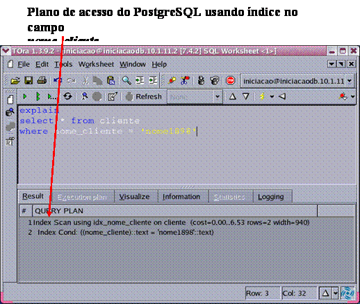 Resultado de uma consulta onde o otimizador do PostgreSQL utilizou o ndice existente sobre o campo de busca
