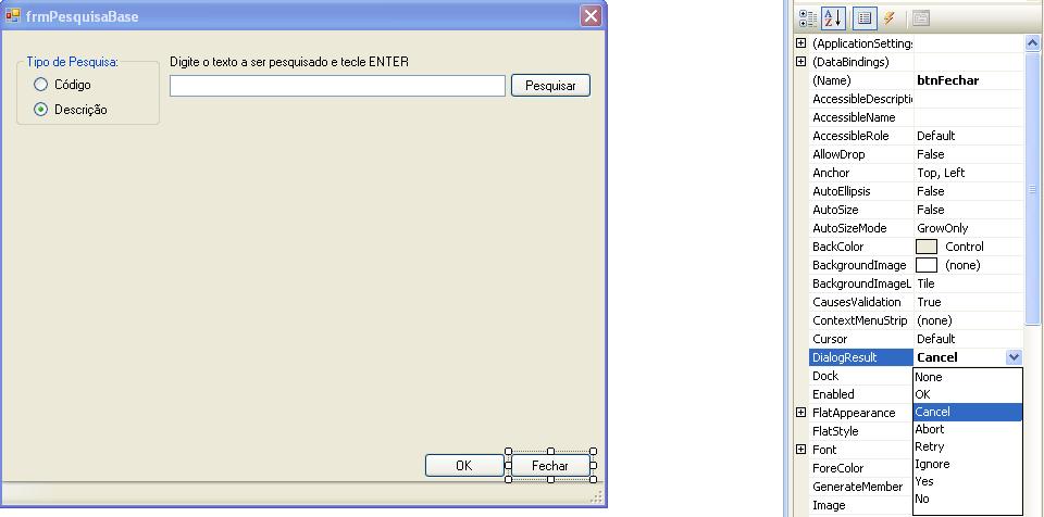 Propriedades OK e Cancel