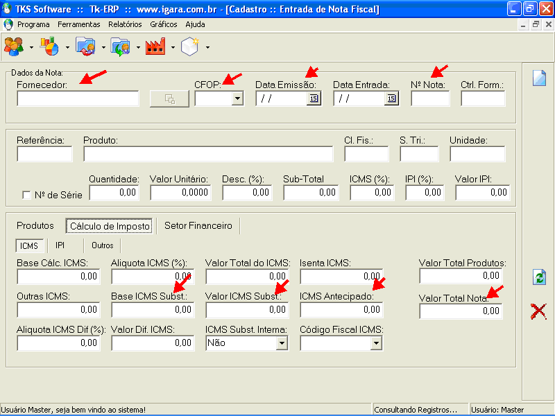 Tela de Entrada de Nota Fiscal no sistema gerencial Tk-ERP