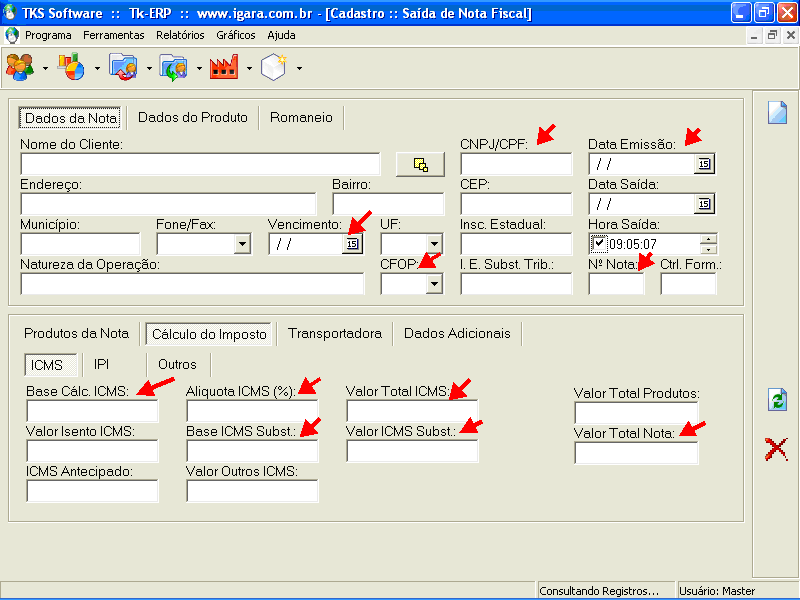 Tela de Sa�da de Nota Fiscal no sistema gerencial Tk-ERP