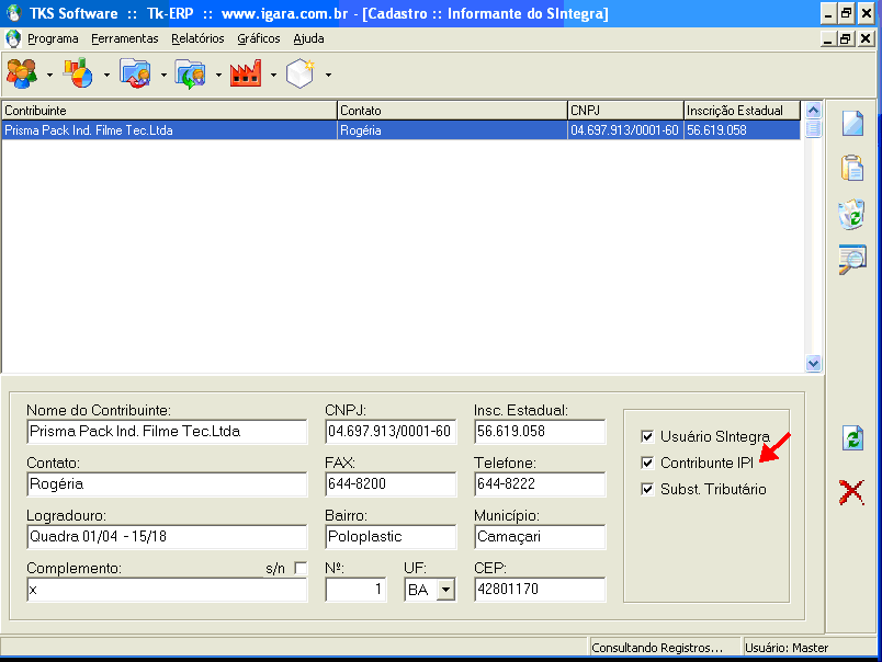 Tela de cadastro de informante. Configura��o determina se cliente � ou n�o contribuinte do IPI