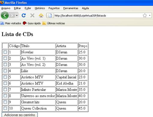 Pgina que exibe o catlogo dos CDs