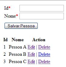 P�gina de cadastro de Pessoas, que possui um formul�rio e uma tabela para visualizar todos os registros