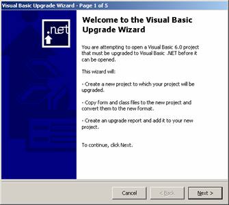 Primeira tela do assistente de migrao do VS.NET