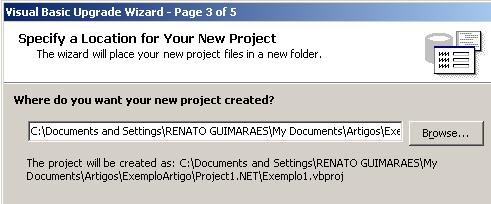 Tela que mostra onde ser criado o novo projeto VB.NET