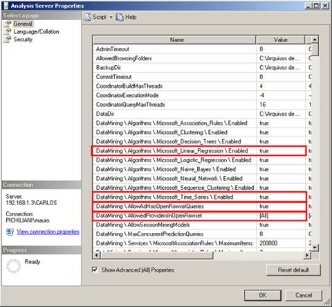 Opções de configuração do Analisys Services