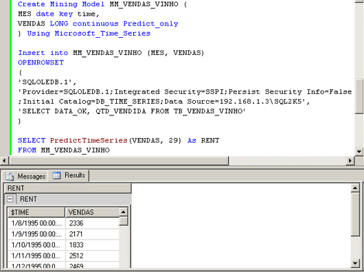 Criação do modelo de mineração, importação dos dados e predição dos valores