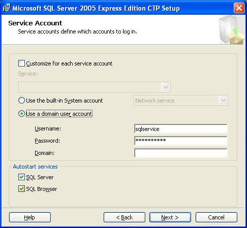 A janela Service Account