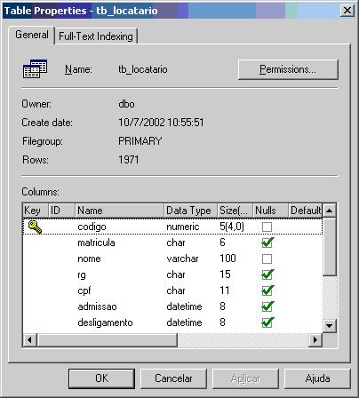 Propriedades da tabela