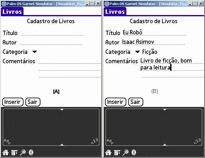 (A) Aplicao Livros em execuo (B) Cadastrando um livro.